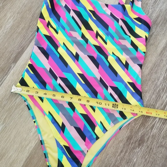 Relleciga One Piece Swimsuit Color Block Geometric Neon Stripe Bodysuit NWT - Picture 11 of 14